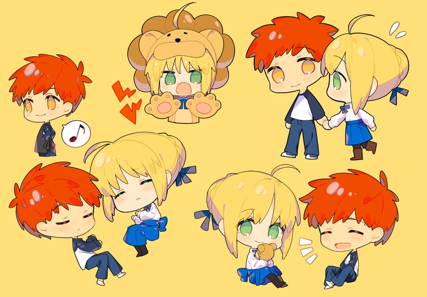 artoria pendragon, saber, emiya shirou, and saber lion (fate and 2 more) drawn by nozawa_noko