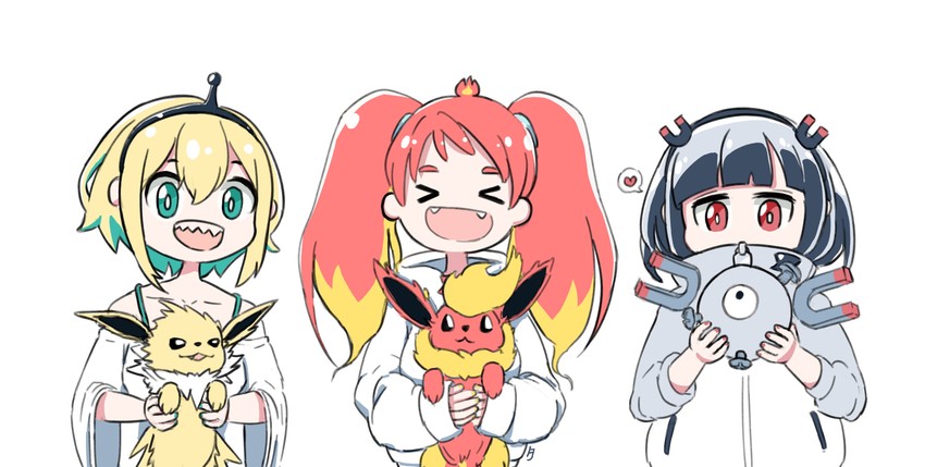 flareon, magnemite, jolteon, amano pikamee, hikasa tomoshika, and 1 more (pokemon and 1 more) drawn by owlsoda