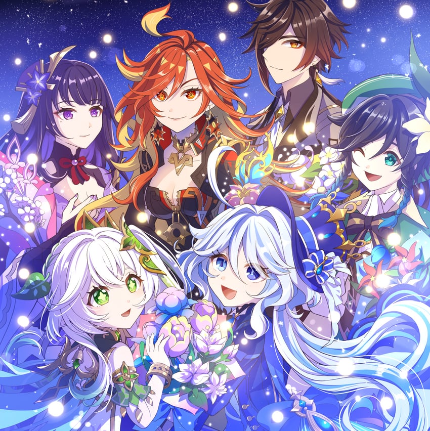 raiden shogun, furina, nahida, zhongli, venti, and 1 more (genshin impact) drawn by ankoro
