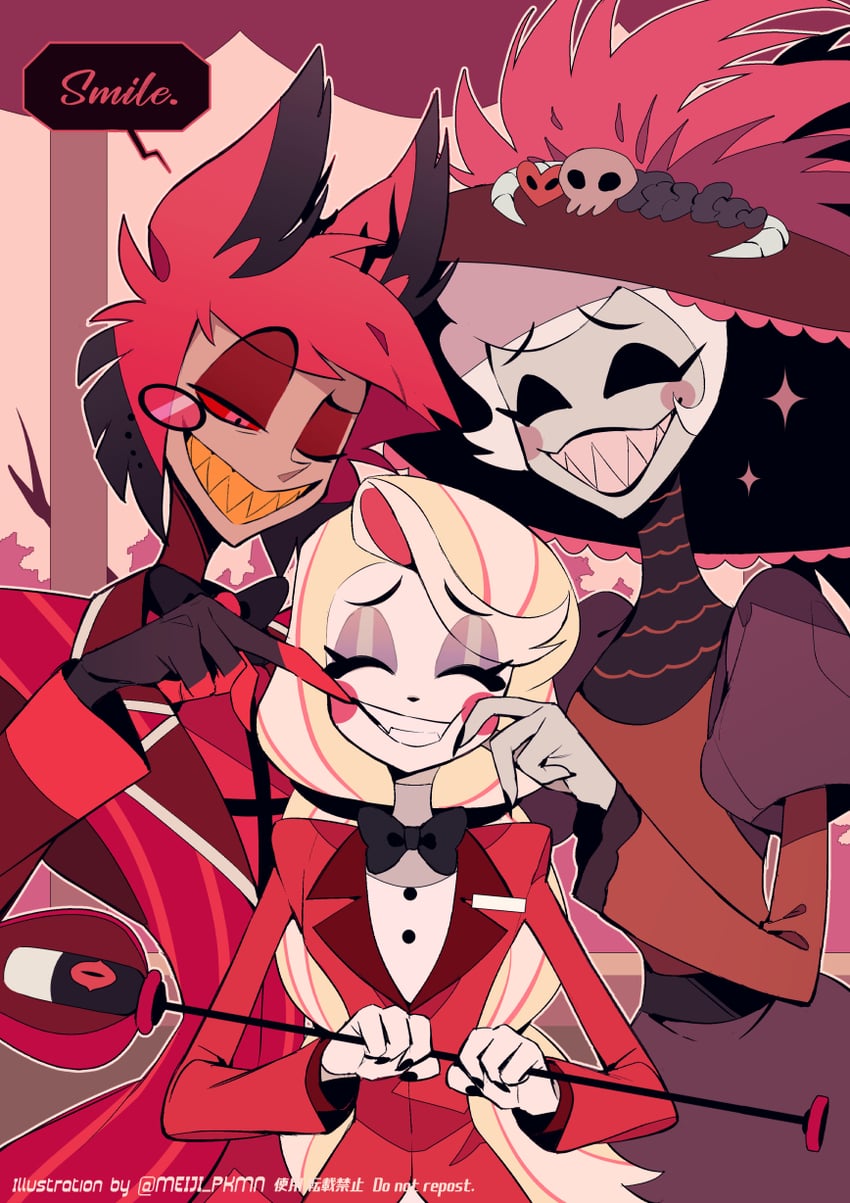 charlie morningstar, alastor, and rosie (hazbin hotel) drawn by meiji_ken