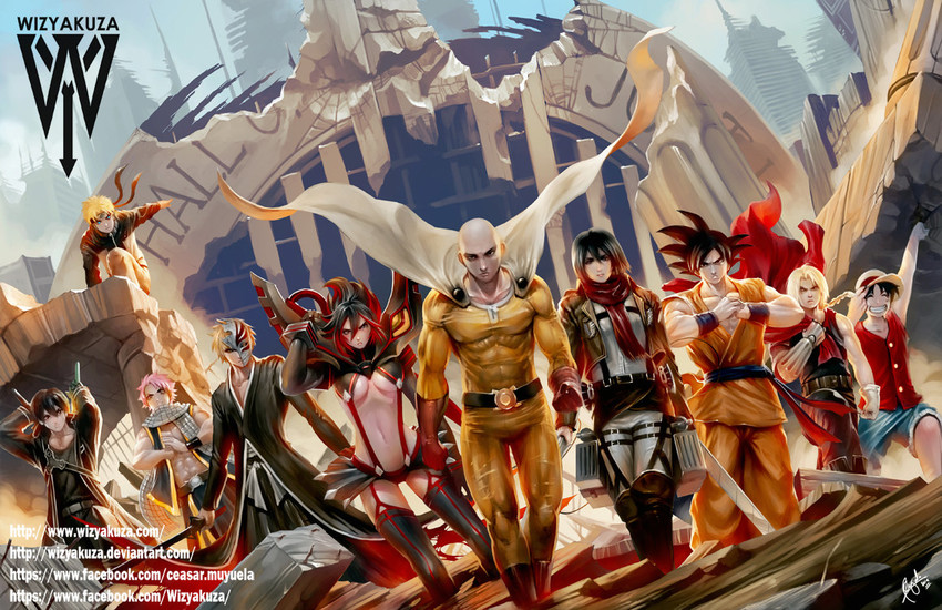 matoi ryuuko, son goku, monkey d. luffy, senketsu, uzumaki naruto, and 6 more (one piece and 12 more) drawn by wizyakuza