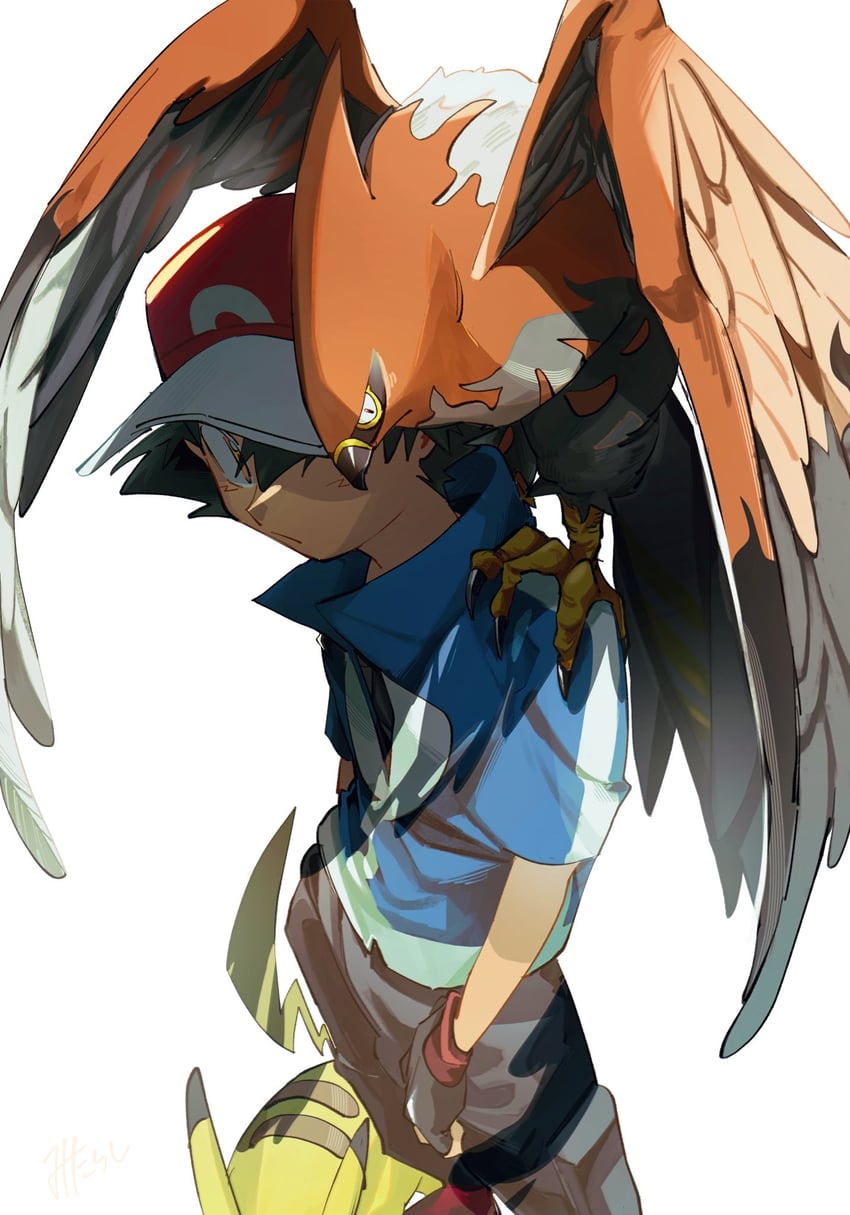 pikachu, ash ketchum, and talonflame (pokemon and 1 more) drawn by omotikonetemasu