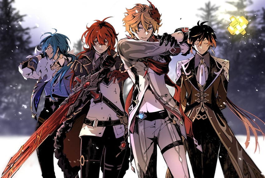 zhongli, tartaglia, diluc, and kaeya (genshin impact) drawn by mori_morii