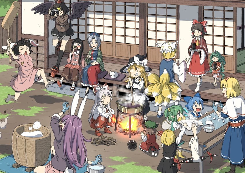 hakurei reimu, kirisame marisa, cirno, alice margatroid, yakumo yukari, and 11 more (touhou) drawn by inuno_rakugaki