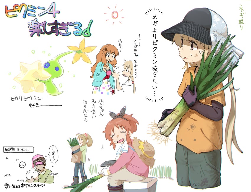 futaba anzu, moroboshi kirari, abe nana, sato shin, and glow pikmin (idolmaster and 3 more) drawn by nendo23