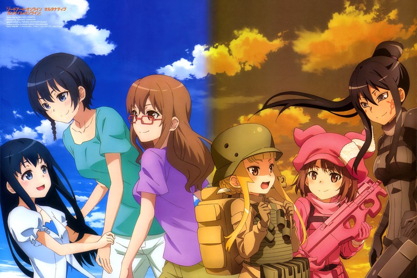 llenn, fukaziroh, kohiruimaki karen, pitohui, kanzaki elsa, and 1 more (sword art online and 2 more) drawn by nemoto_kuniaki, ogawa_takeshi, yamazaki_tomoko, and yoshita_michiko