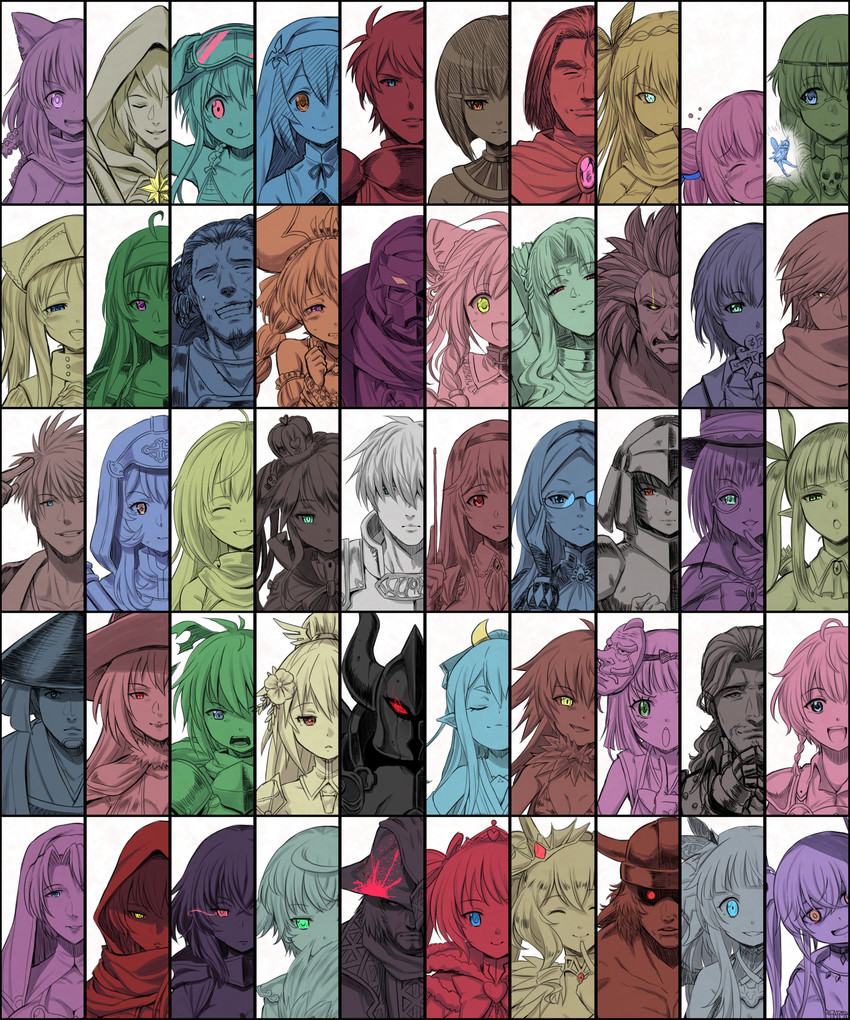 anna, sybilla, prince, katie, assal, and 44 more (sennen sensou aigis) drawn by matanonki