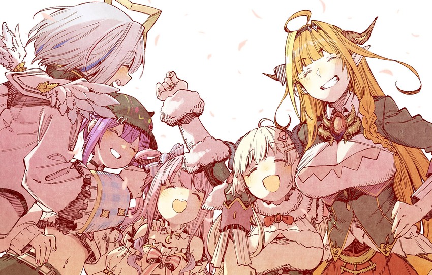 tokoyami towa, amane kanata, kiryu coco, tsunomaki watame, himemori luna, and 1 more (hololive) drawn by abara_heiki