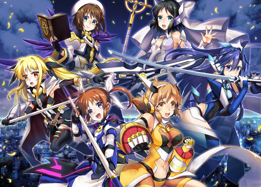 fate testarossa, takamachi nanoha, yagami hayate, raising heart, tachibana hibiki, and 6 more (lyrical nanoha and 4 more) drawn by amatsuki_colors