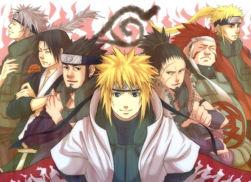 namikaze minato, sarutobi asuma, uchiha fugaku, hatake sakumo, nara shikaku, and 2 more (naruto and 1 more) drawn by hotmail18