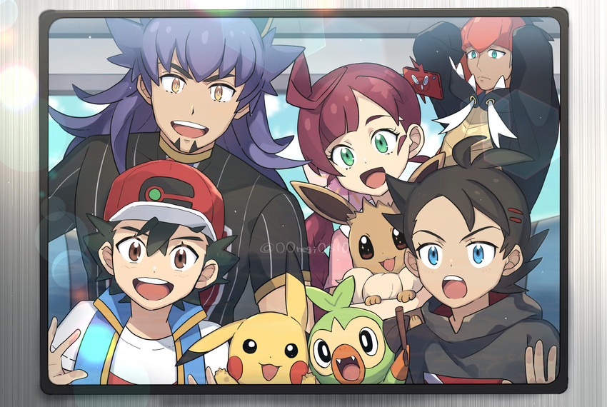 pikachu, ash ketchum, eevee, leon, raihan, and 5 more (pokemon and 1 more) drawn by ou_negi