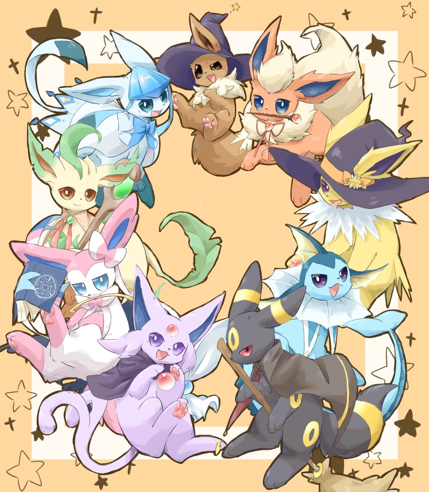 eevee, sylveon, umbreon, glaceon, vaporeon, and 4 more (pokemon) drawn by o_ne09