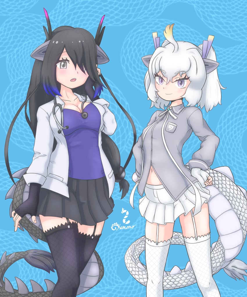 white dragon and black dragon (kemono friends and 1 more) drawn by nokemono-san_(bocchi_friend)