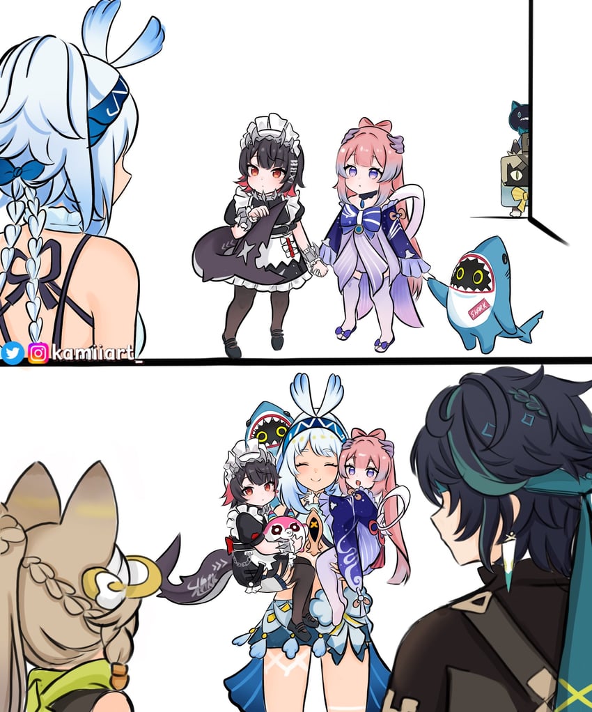ellen joe, sangonomiya kokomi, mualani, kinich, kachina, and 2 more (genshin impact and 2 more) drawn by kamiiart