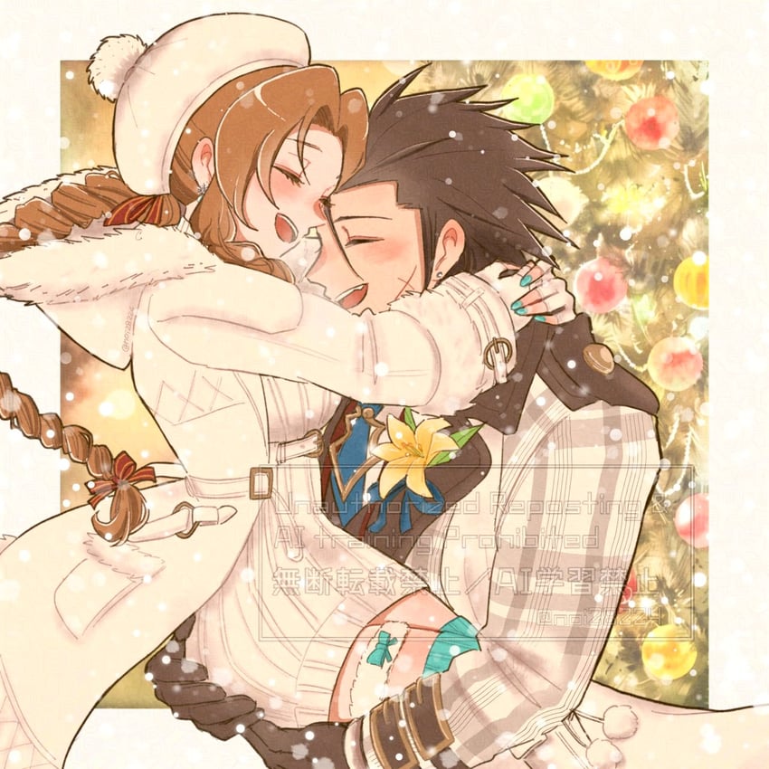 aerith gainsborough and zack fair (final fantasy and 2 more) drawn by noi_(noi28224)