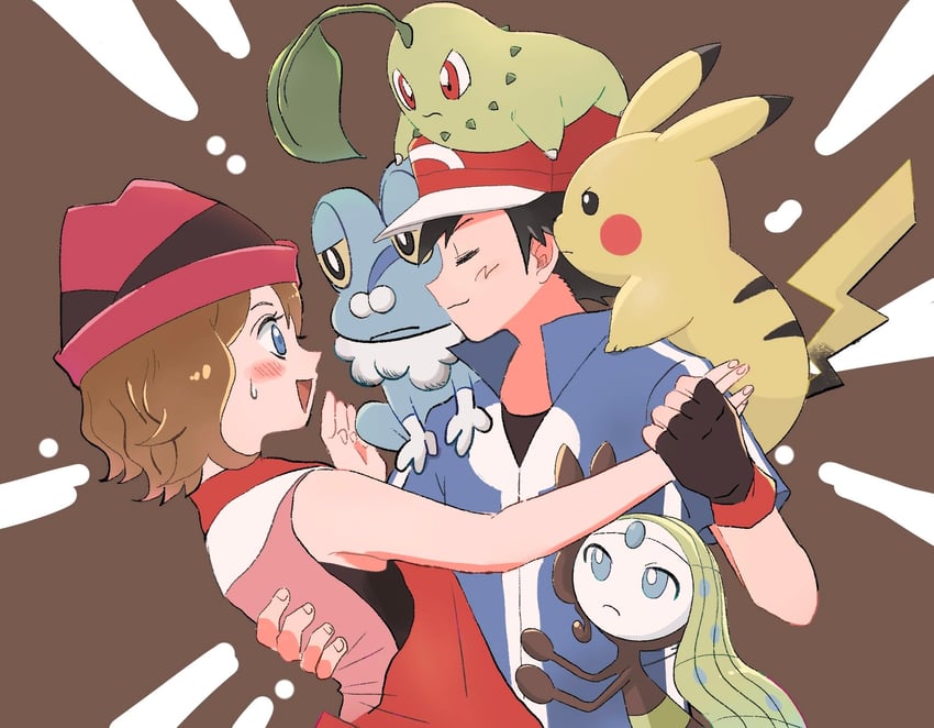 pikachu, ash ketchum, serena, chikorita, and froakie (pokemon and 1 more) drawn by paraperi