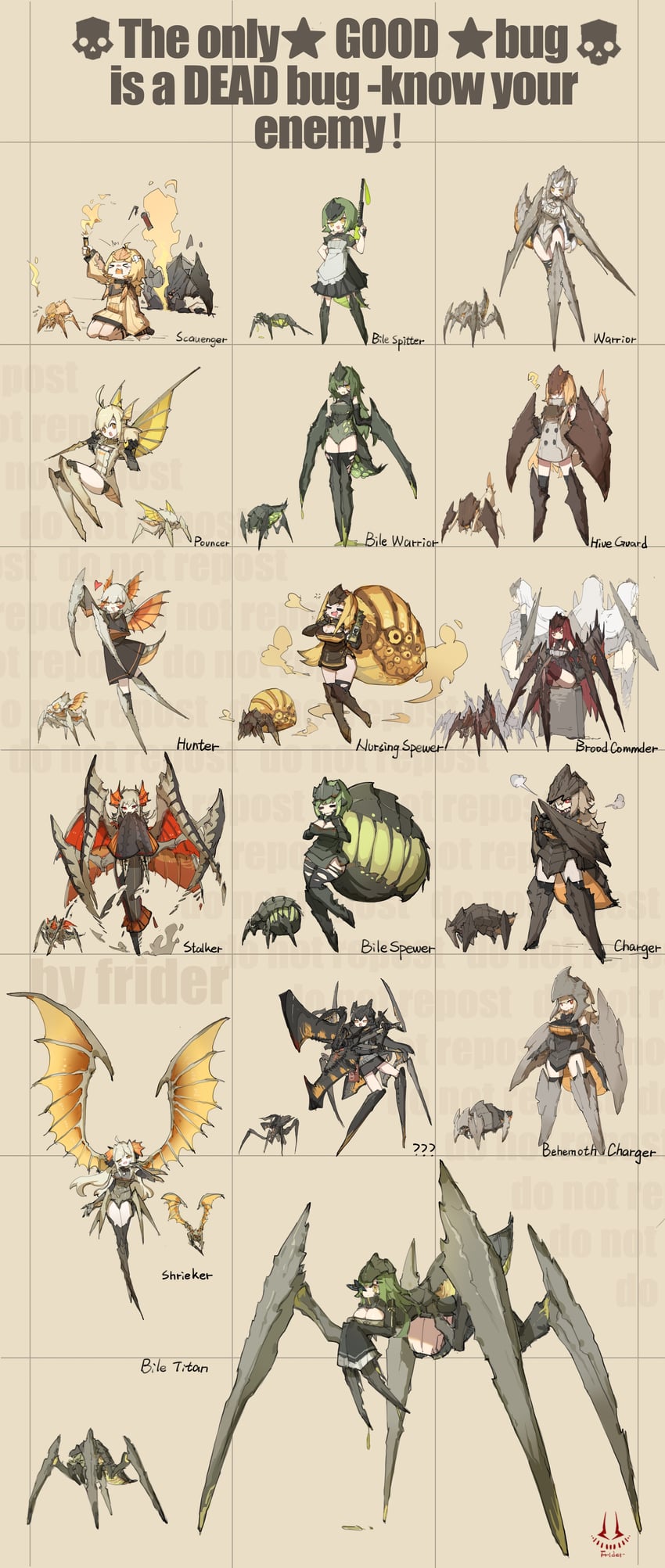 arachnid, bile titan, charger, warrior bug, hunter, and 11 more (helldivers and 1 more) drawn by frider