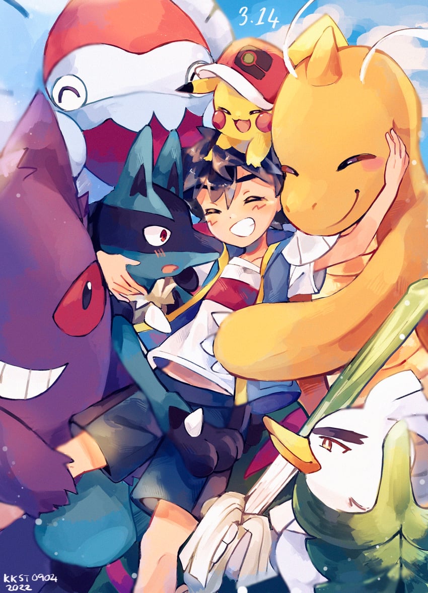 pikachu, ash ketchum, lucario, gengar, dragonite, and 2 more (pokemon and 1 more) drawn by catsubun_(kkst0904)