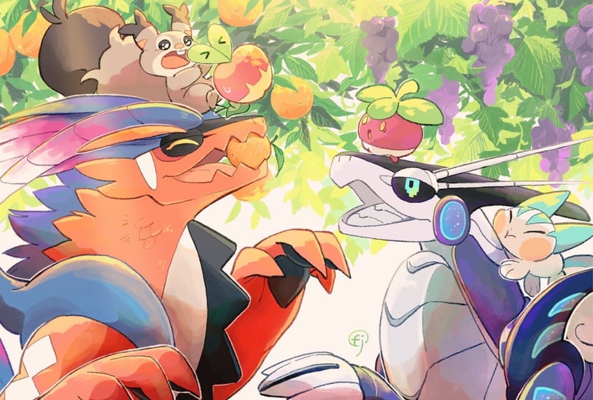 pachirisu, applin, koraidon, miraidon, bounsweet, and 1 more (pokemon) drawn by chikafuji