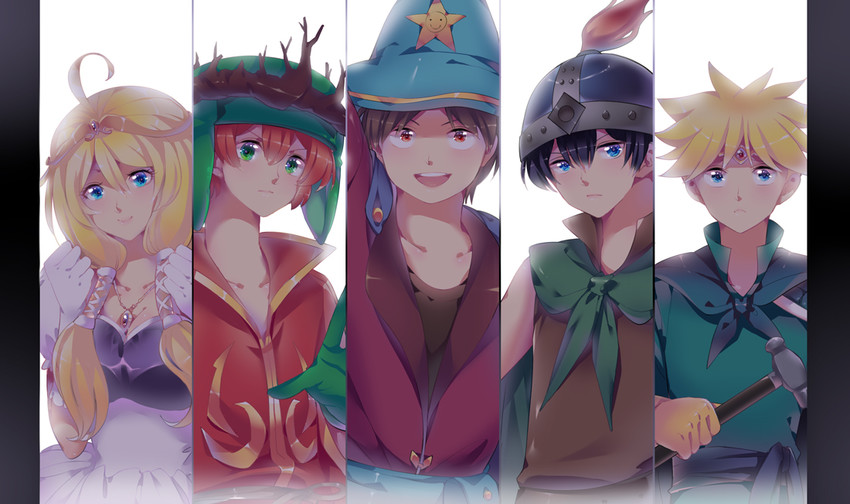 stan marsh, kenny mccormick, kyle broflovski, eric cartman, and butters stotch (south park and 1 more) drawn by xhouz