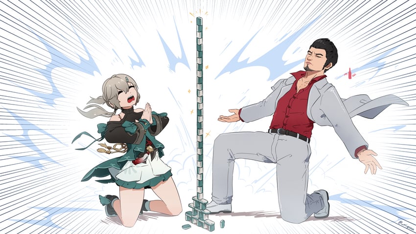 kiryu kazuma and qingque (honkai and 3 more) drawn by miyan_(oceanmaiden)