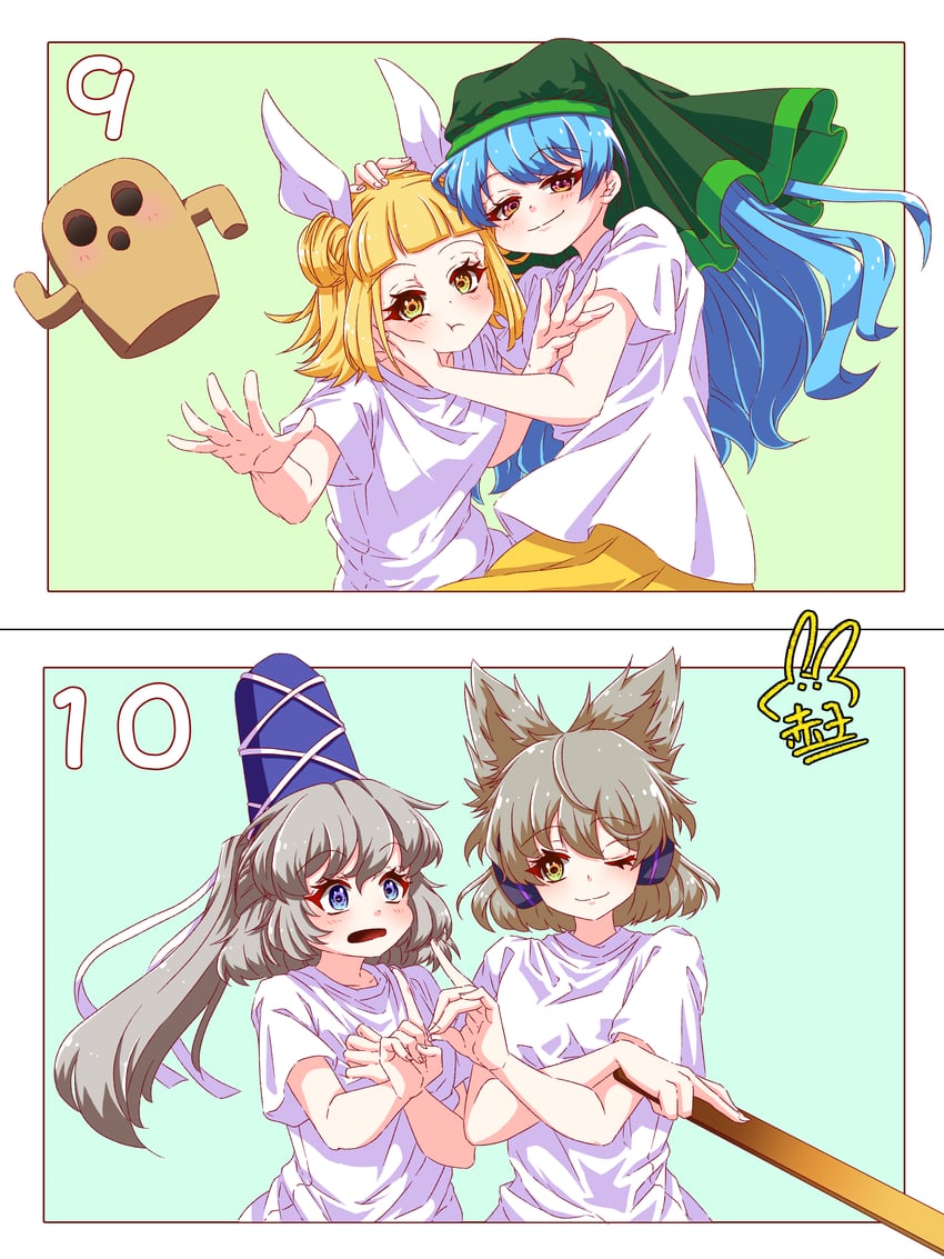 toyosatomimi no miko, mononobe no futo, haniyasushin keiki, and joutouguu mayumi (touhou) drawn by utyouten_akako