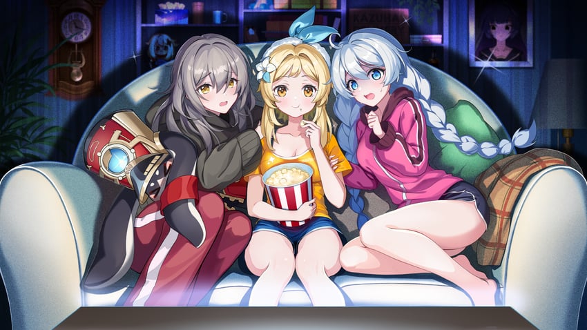 lumine, trailblazer, stelle, paimon, kiana kaslana, and 2 more (genshin impact and 4 more) drawn by wellsy