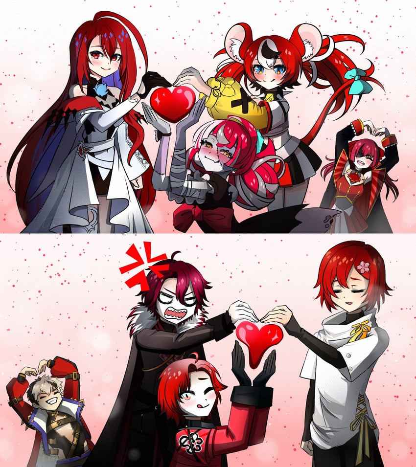 houshou marine, hakos baelz, kureiji ollie, elizabeth rose bloodflame, machina x flayon, and 3 more (hololive and 4 more) drawn by tsukidraws