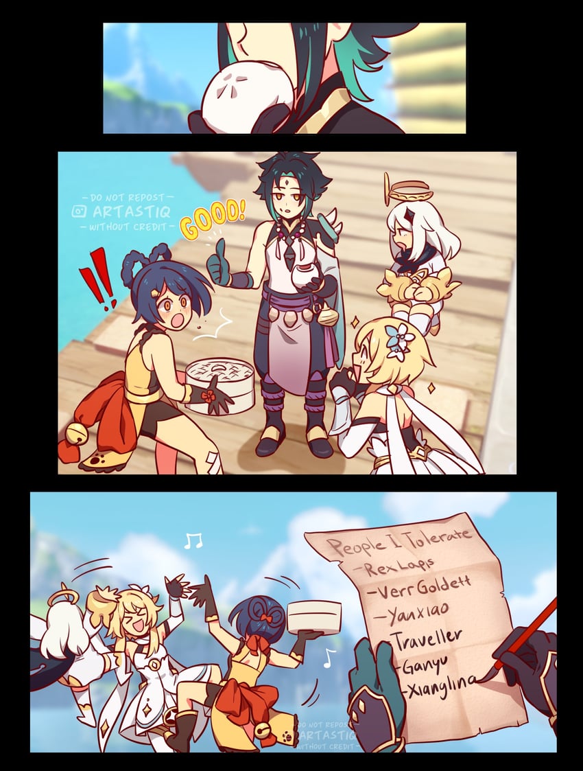 lumine, paimon, xiao, and xiangling (genshin impact) drawn by artastiq