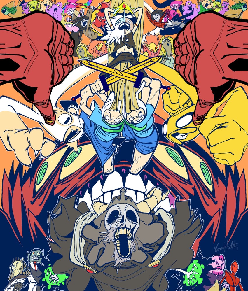 marceline abadeer, princess bonnibel bubblegum, finn the human, jake the dog, fionna campbell, and 20 more (adventure time and 1 more) drawn by krozhatch