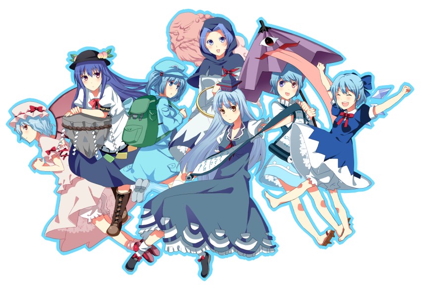 remilia scarlet, cirno, tatara kogasa, kawashiro nitori, kamishirasawa keine, and 3 more (touhou) drawn by garigarigari