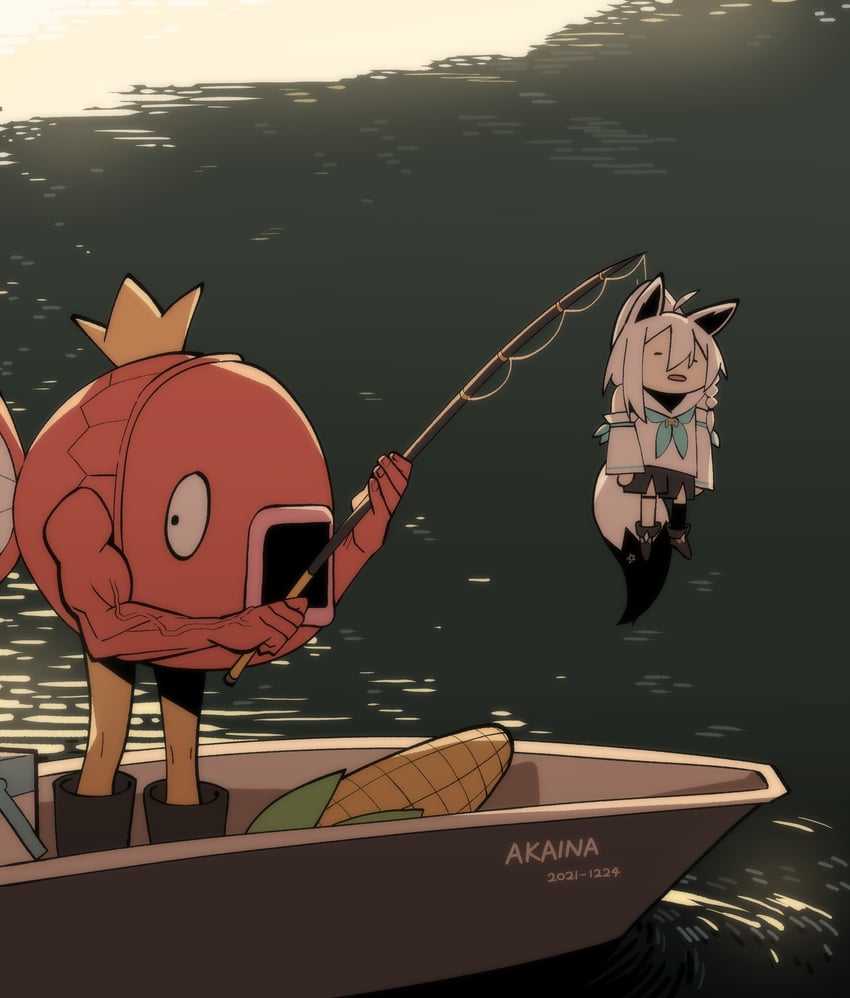 shirakami fubuki and magikarp (pokemon and 1 more) drawn by cocomayo29_(tomato)
