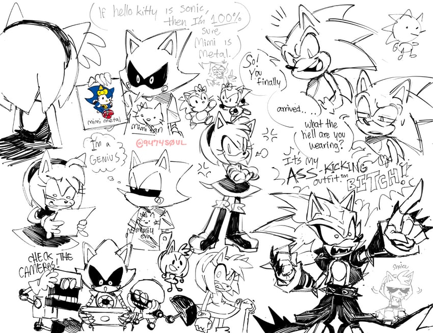 sonic the hedgehog, amy rose, hello kitty, metal sonic, neo metal sonic, and 3 more (sonic and 3 more) drawn by 9474s0ul