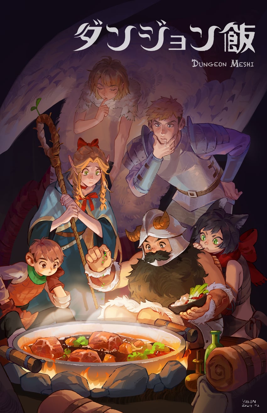 marcille donato, falin touden, laios touden, senshi, chilchuck tims, and 1 more (dungeon meshi) drawn by yukinnn