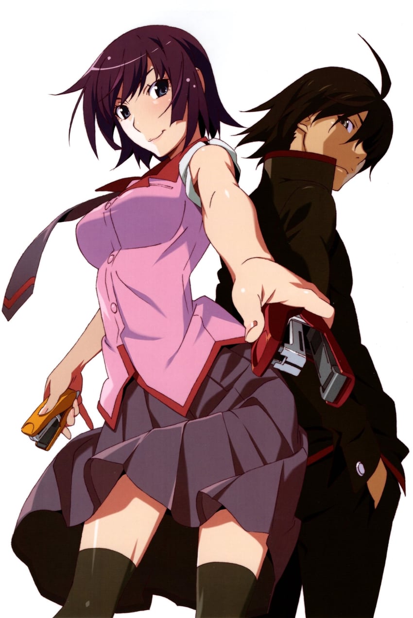 senjougahara hitagi and araragi koyomi (monogatari and 1 more) drawn by watanabe_akio