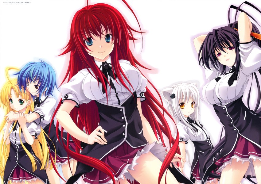 rias gremory, himejima akeno, xenovia quarta, toujou koneko, and asia argento (high school dxd) drawn by miyama-zero