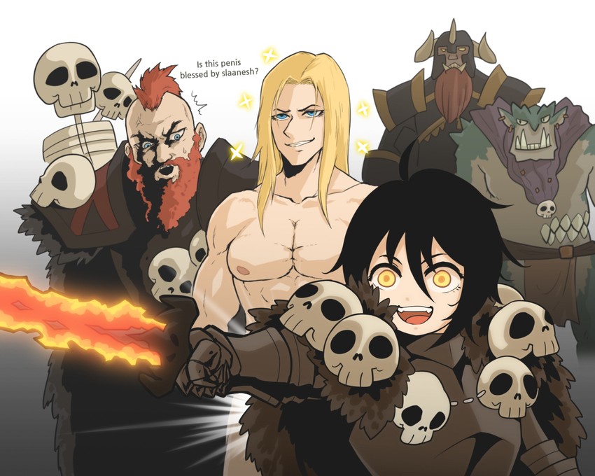 archaon the everchosen, warrior of chaos, sigvald the magnificent, wulfrik the wanderer, kholek suneater, and 1 more (warhammer fantasy and 2 more) drawn by hellcross_(dkrejd2000)