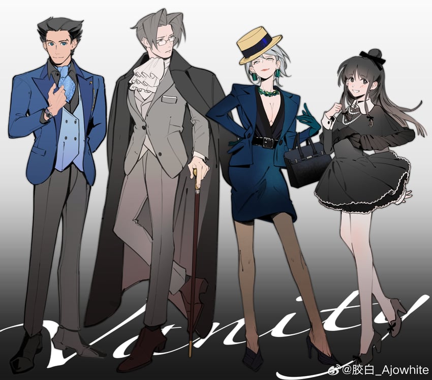 phoenix wright, miles edgeworth, maya fey, and franziska von karma (ace attorney) drawn by ajowhite