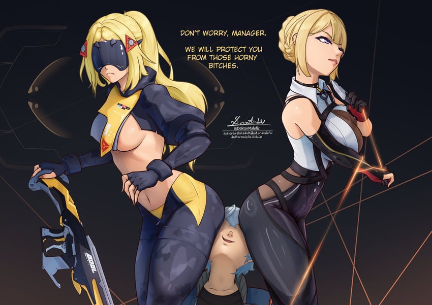 wise, evelyn chevalier, and trigger (zenless zone zero) drawn by doktor_malefic