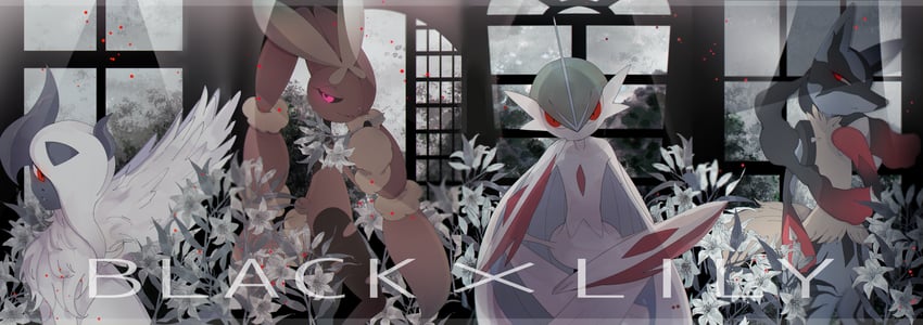 lucario, lopunny, gallade, absol, mega lopunny, and 3 more (pokemon) drawn by shiro_hinageshi