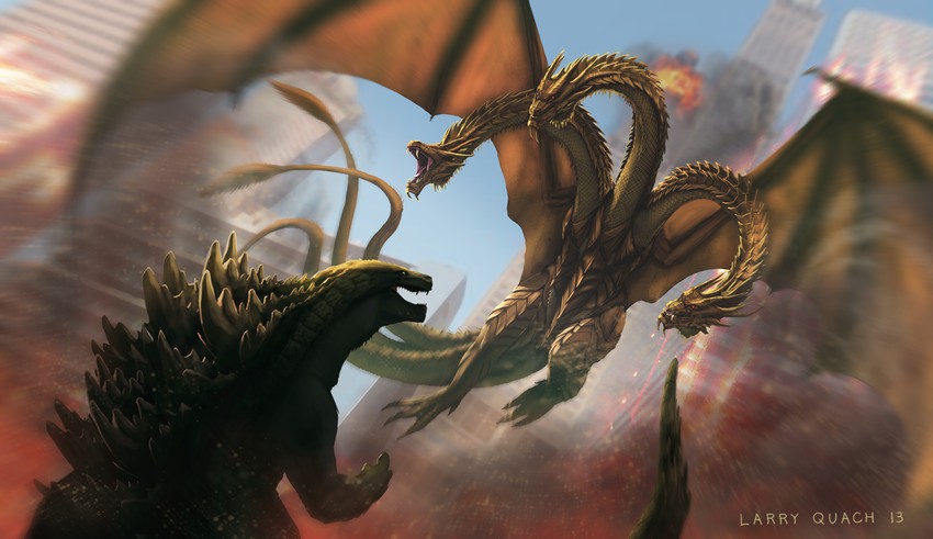 godzilla and king ghidorah (godzilla) drawn by larry_quach