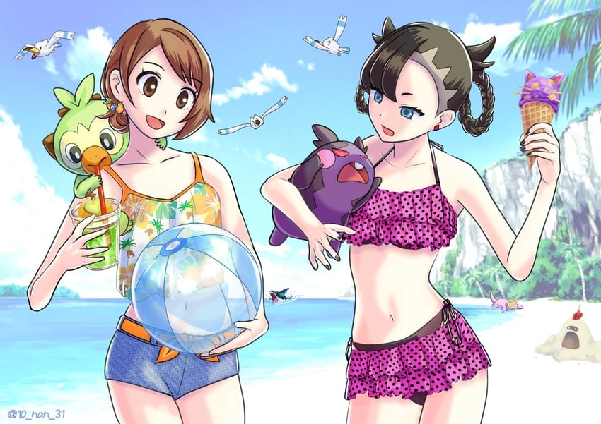 marnie, gloria, morpeko, grookey, wingull, and 3 more (pokemon and 1 more) drawn by juunanzai