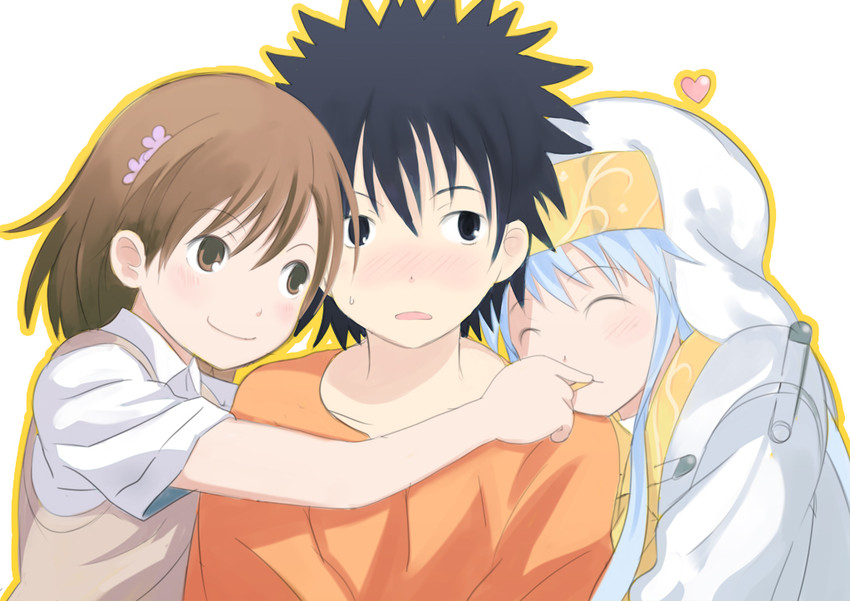 misaka mikoto, kamijou touma, and index (toaru majutsu no index) drawn by enoki_p