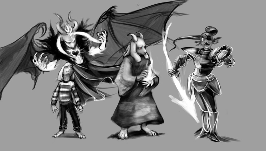 undyne, toriel, and asriel dreemurr (undertale) drawn by marc_knelsen
