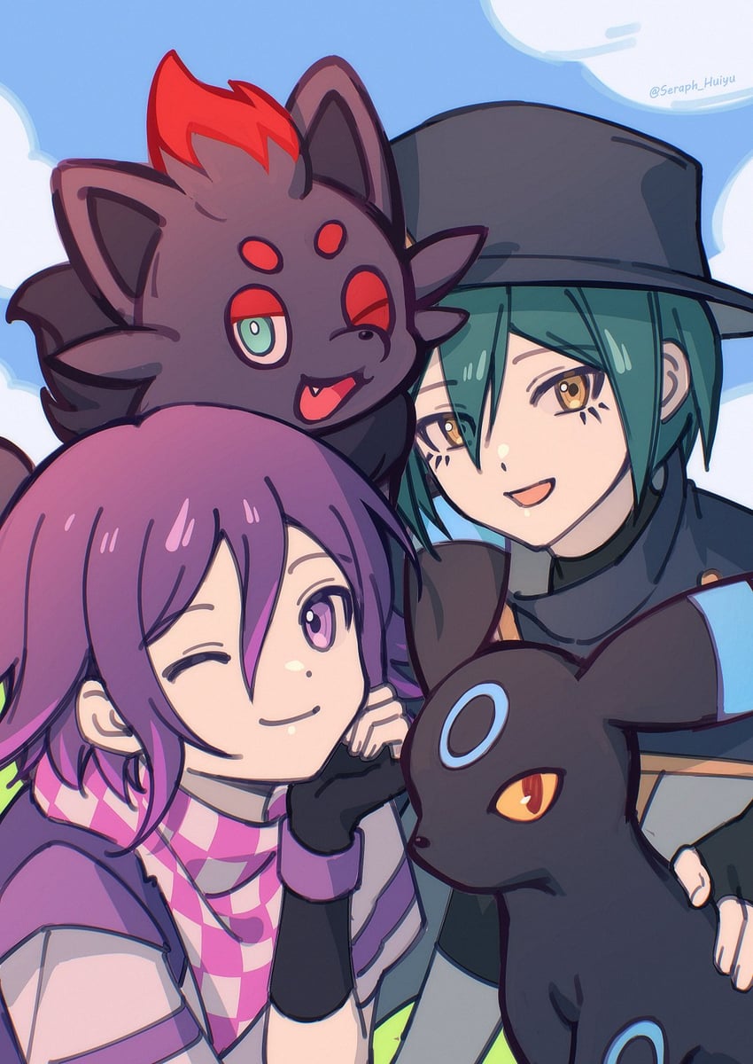 oma kokichi, saihara shuichi, umbreon, and zorua (pokemon and 2 more) drawn by ewa_(seraphhuiyu)