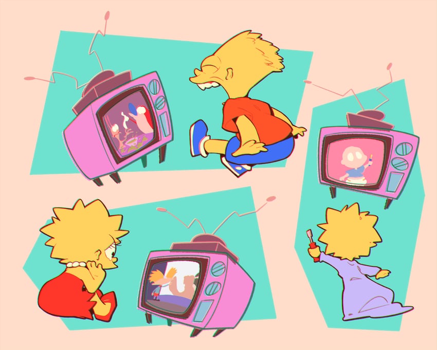 bart simpson, lisa simpson, maggie simpson, stimpy, ren hoek, and 3 more (the simpsons and 3 more) drawn by kinako_(moment)