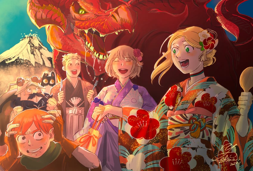 marcille donato, falin touden, laios touden, senshi, chilchuck tims, and 1 more (dungeon meshi) drawn by y-shima