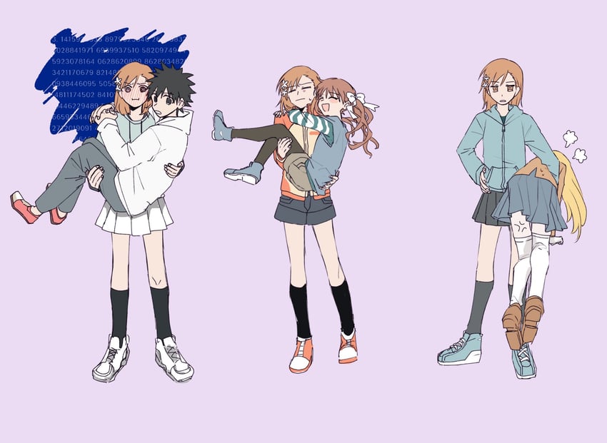 misaka mikoto, shirai kuroko, shokuhou misaki, and kamijou touma (toaru majutsu no index and 1 more) drawn by jaajaa3322