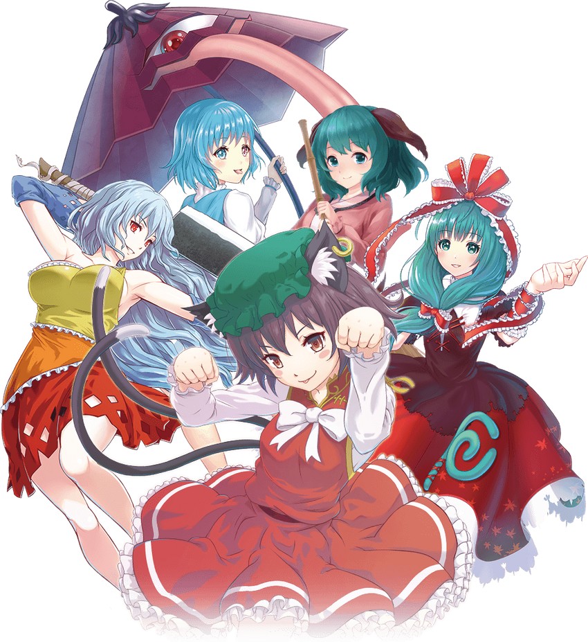 chen, tatara kogasa, kagiyama hina, kasodani kyouko, and sakata nemuno (touhou) drawn by kenichiro_furuya, nanoha_hata, sody, and tomoko_tachibana