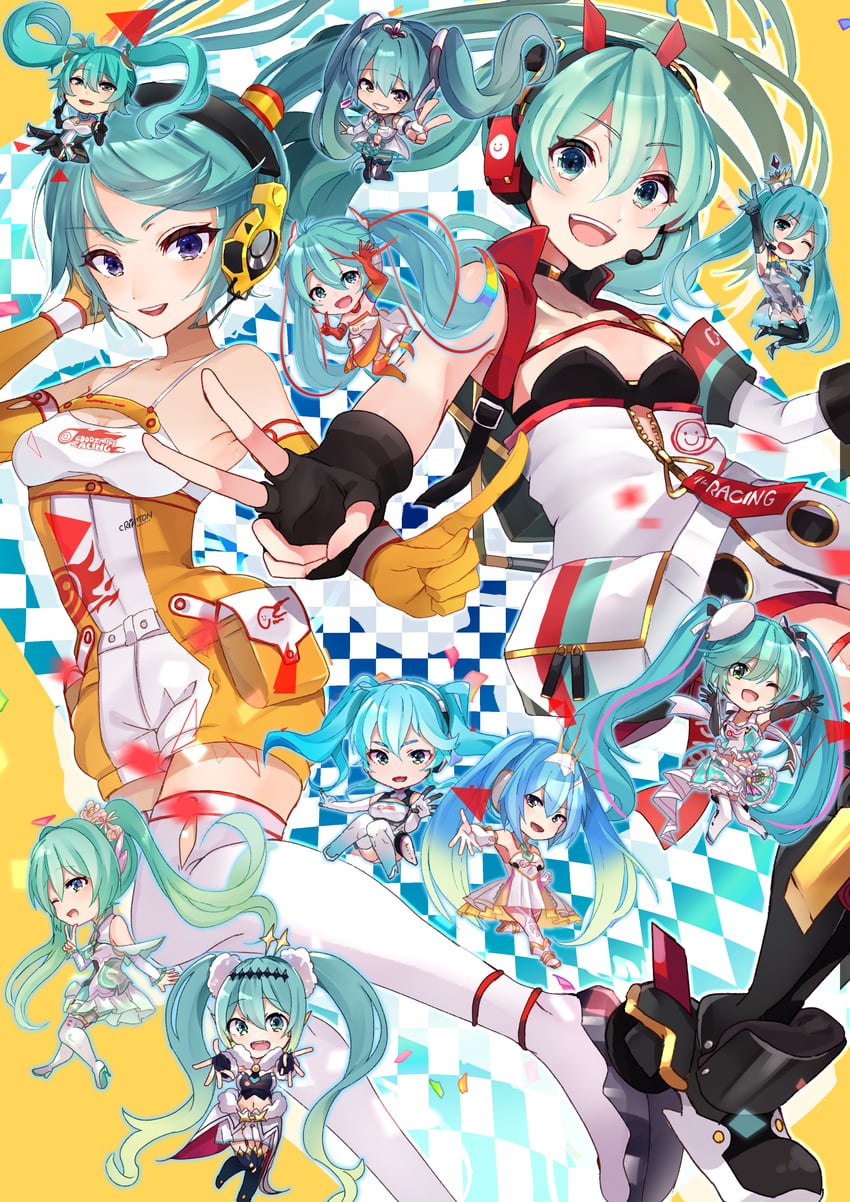 hatsune miku and racing miku (vocaloid and 1 more) drawn by kusunokimizuha